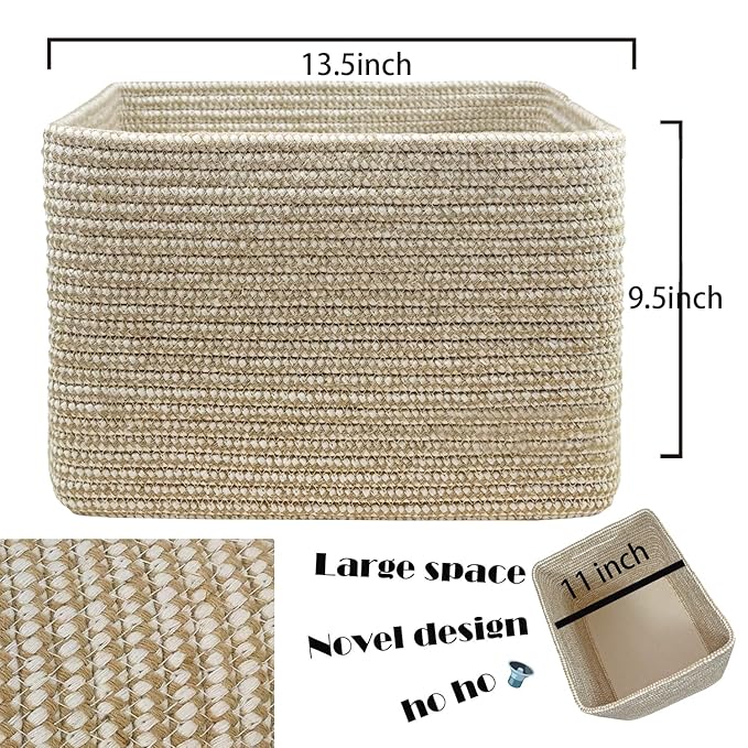 COMFY-HOMI Square Woven Cotton Rope Basket for Organizing, Gift Baskets for Handles, Empty Gift Baskets, Toy Basket for bins|13.5" x 11" x 9.5" home decor for Living Room, Bathroom