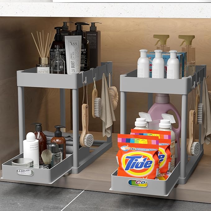 POUGNY 2PC Under Sink Organizer Rack 2 Tier Under Sliding Cabinet Basket Organizer Drawer with 4 Hooks, Multi-purpose Under Sink Storage for Bathroom Kitchen Desktop（Grey）