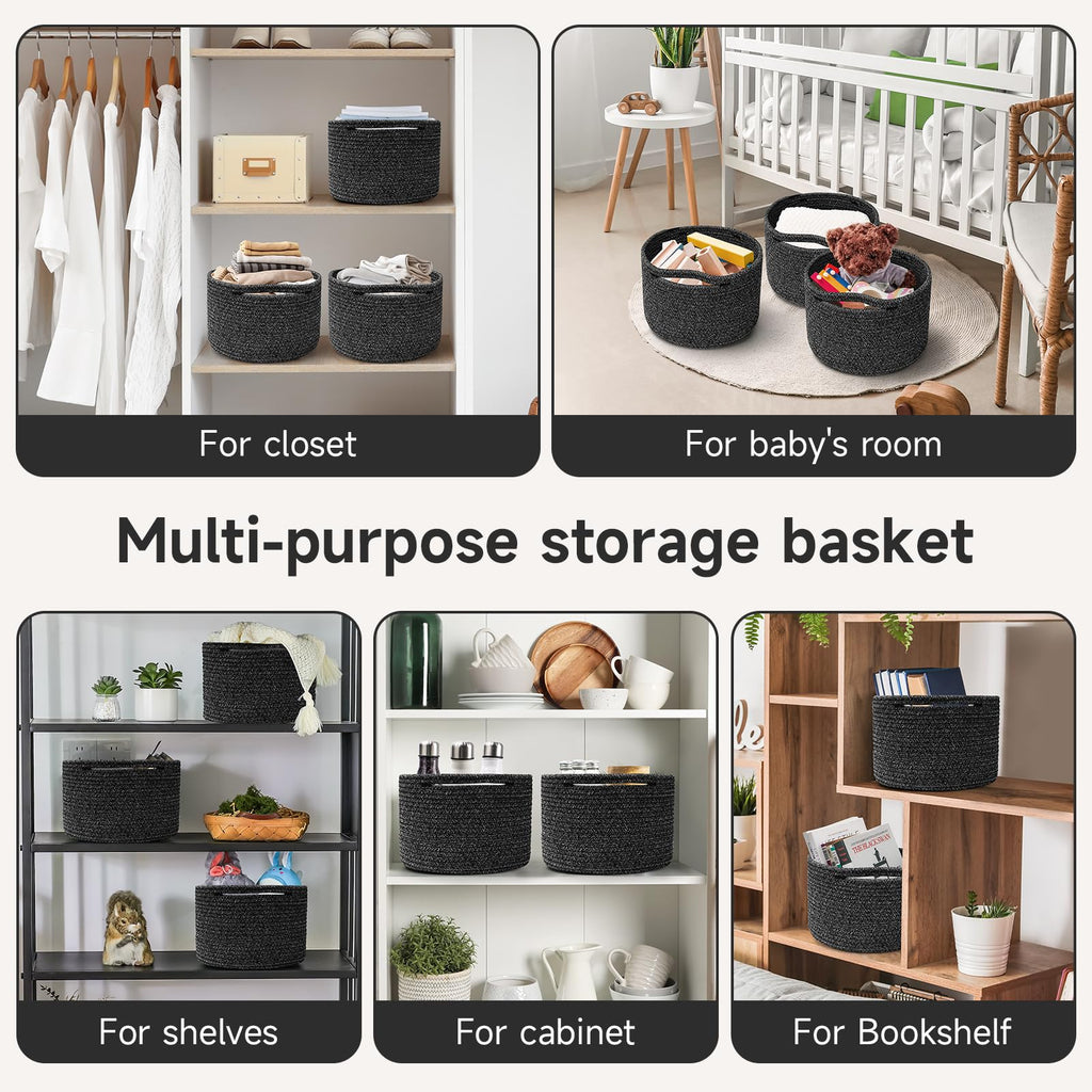 Maxuni 3 Pack Small Rope Storage Baskets, 9.82×9.82×7.1", Black