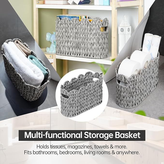 Coeusy Grey Toilet Paper Storage Basket,Scalloped Baskets for Bathroom Organizers and Storage,Waterproof Plastic Wicker Basket for Bathroom,Laundry Room