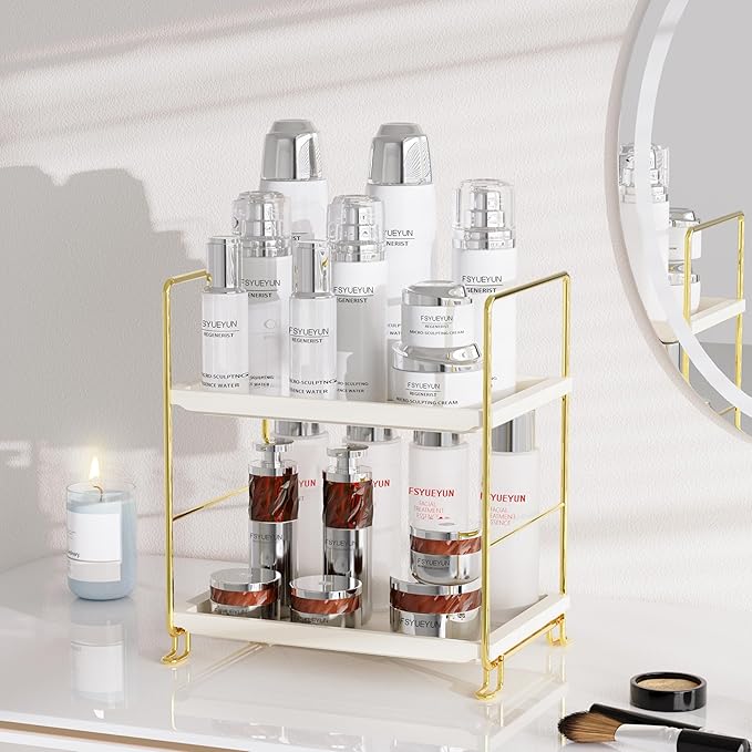 FSyueyun 2-Tier Bathroom Counter Organizer, Tool-Less Vanity Organizer for Skincare, Premium Plastic Bathroom Organizer Tray for Perfume & Cosmetics, （White & Gold）