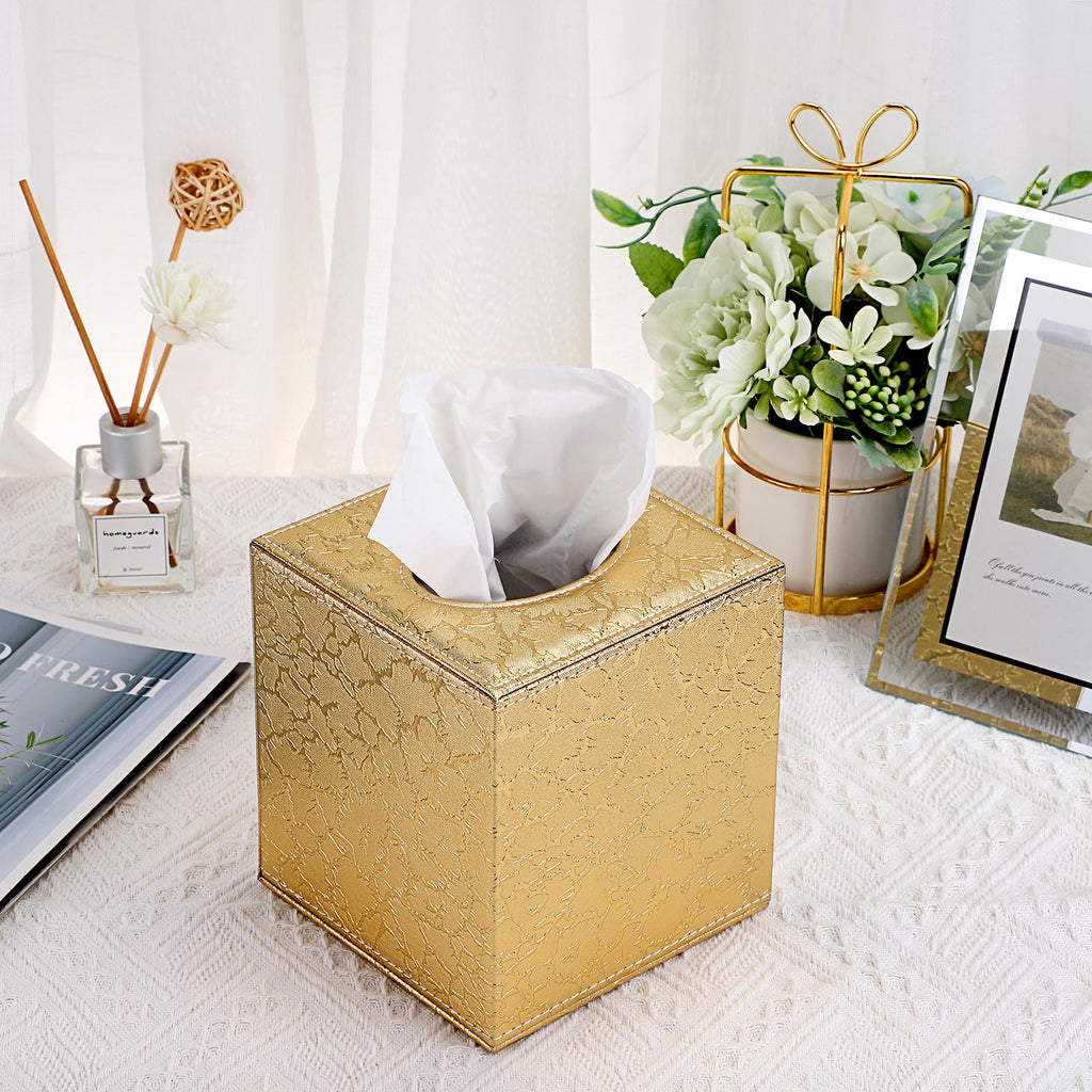 Sumnacon Square Leather Tissue Box Cover - Stylish Cube Tissue Box Holder with Magnetic Bottom, Decorative PU Tissue Box for Vanity Dresser Night Stand Table Countertop Home Office Car, Gold