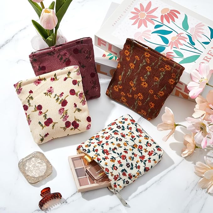 Abbylike 4 Pcs Small Makeup Bag Corduroy Cosmetic Pouch with Zipper Portable Little Bags for Purse Mini Pouch Cute Makeup Purse for Coin Essentials Items Women (Elegant)