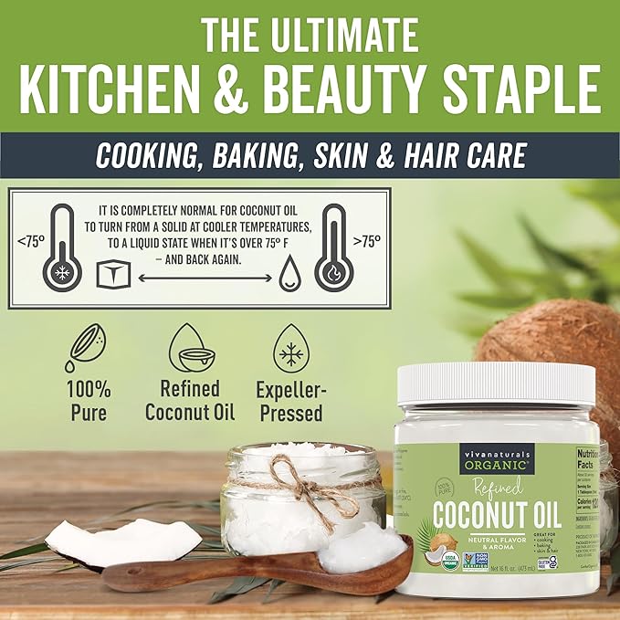 Viva Naturals Refined Coconut Oil, 16 fl oz – Expeller-Pressed, USDA Organic, Neutral Flavor & Aroma, Ideal for Cooking, Baking, Hair & Skin Moisturizer