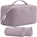 BOYATU Travel Makeup Bag Cosmetic Bags for Women: Large Capacity 3 Pcs Set Make up Bag with Compartments - Waterproof Vegan Leather Toiletry Organizer Bags with Handle (L55Light Purple)