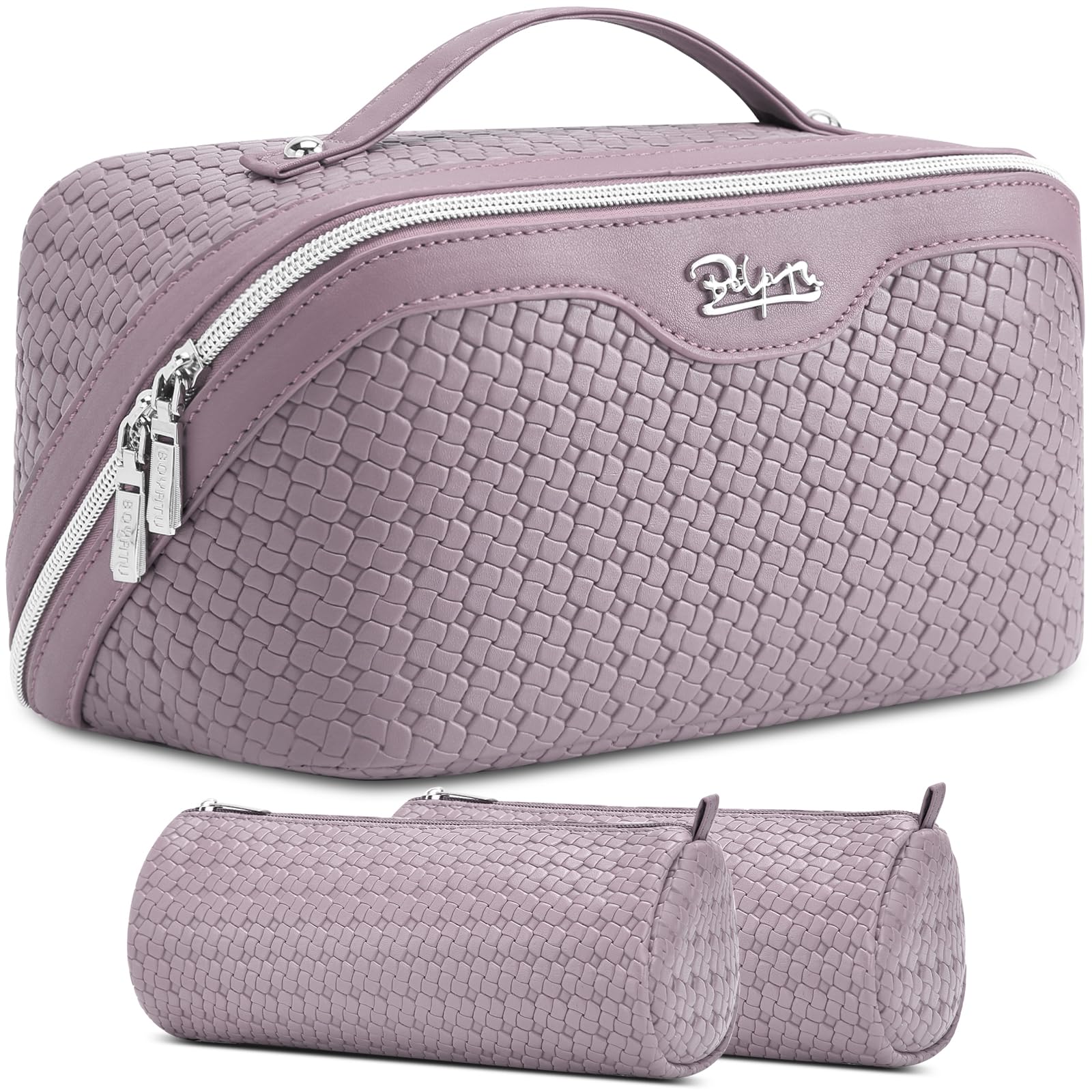 BOYATU Travel Makeup Bag Cosmetic Bags for Women: Large Capacity 3 Pcs Set Make up Bag with Compartments - Waterproof Vegan Leather Toiletry Organizer Bags with Handle (L55Light Purple)