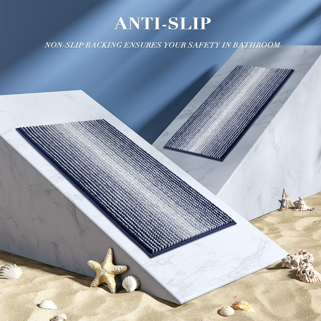 BSICPRO Bathroom Rugs and Mats Sets, 2 Piece Thick Absorbent Chenille Bath Mat Rug Set Non Slip, Soft Shaggy Bath Room Floor Mats for Bathroom, Machine Washable (Navy, 20" x 47" Plus 20" x 32")