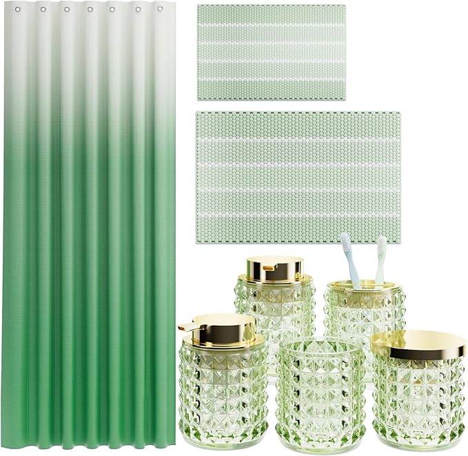 XLHOMO Bathroom Sets with Shower Curtain and Rugs and Accessories, Glass Bathroom Accessories Set Green Bathroom Set Bathroom Sets, Green Bath Mat and Diamond Soap Dispenser for Bathroom Decor