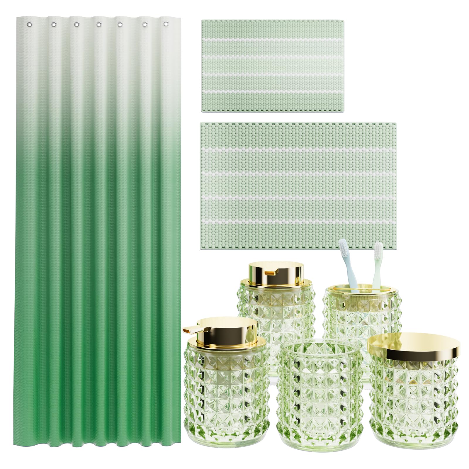 XLHOMO Bathroom Sets with Shower Curtain and Rugs and Accessories, Glass Bathroom Accessories Set Green Bathroom Set Bathroom Sets, Green Bath Mat and Diamond Soap Dispenser for Bathroom Decor