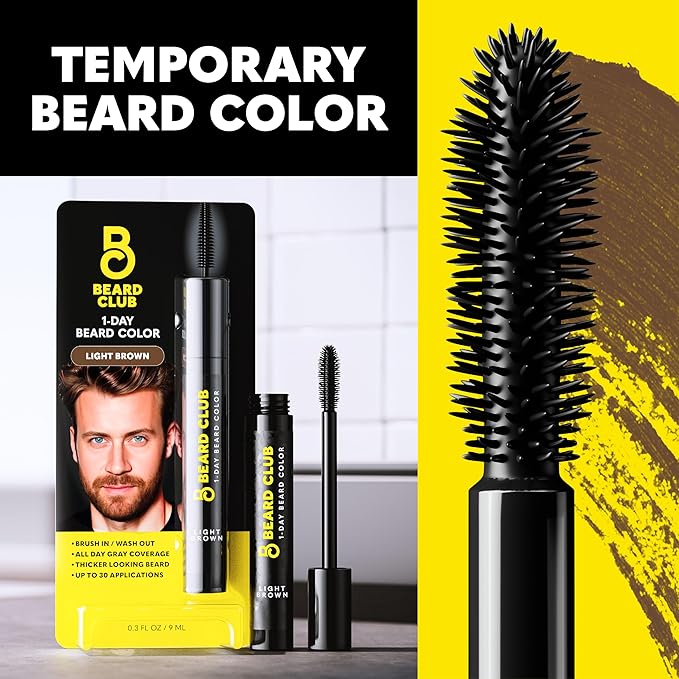 The Beard Club 1 Day Temporary Beard Dye for Men - Light Brown Beard, Mustache & Eyebrow Color for a Fuller, Well-Defined Look, Water & Sweat Resistant, Up to 30 Applications, 0.3 fl oz