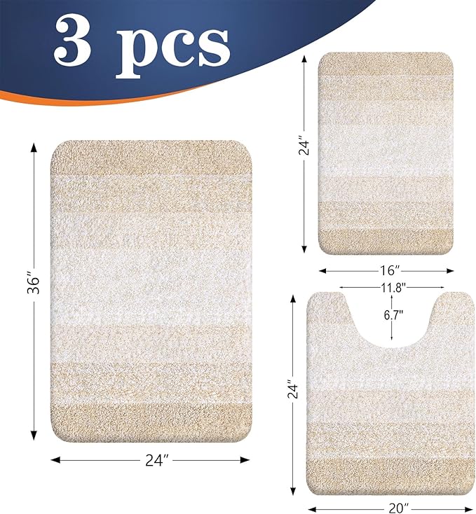 OLANLY Microfiber Bathroom Rugs Sets 3 Piece, 36"x24"+24"x16"+24"x20"