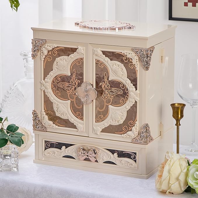 Makeup Box Organizer with LED Mirror Vintage Cosmetic Storage Cabine White