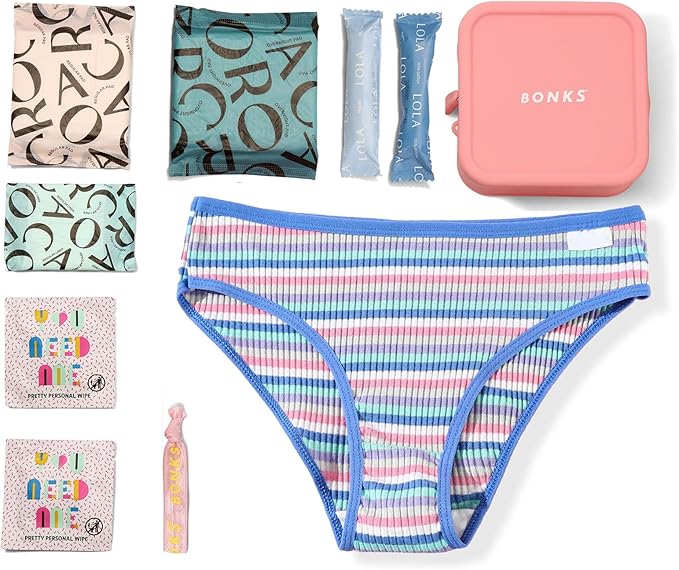 BONKS GoGo Kit - First Period Kit - Tween Period Starter Kit - Emergency Kit for Girls - Essential Hygiene Kit - Includes Pads, Tampons, Underwear & More - S/M (12-14)