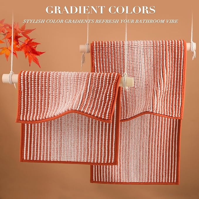 Bathroom Rugs and Mats Sets, 2 Piece Thick Absorbent Chenille Bath Mat Rug Set Non Slip, Soft Shaggy Bath Room Floor Mats for Bathroom, Machine Washable (Sunset Orange, 20" x 60" Plus 20" x 32")