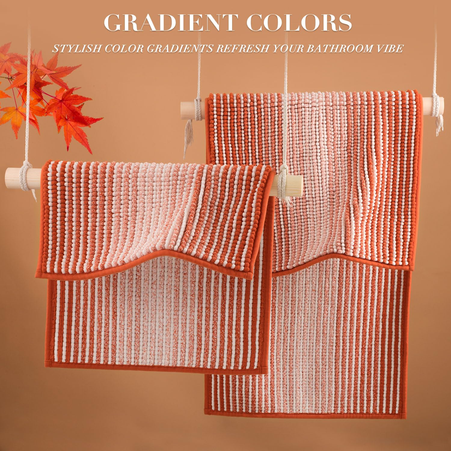 Bathroom Rugs and Mats Sets, 2 Piece Thick Absorbent Chenille Bath Mat Rug Set Non Slip, Soft Shaggy Bath Room Floor Mats for Bathroom, Machine Washable (Sunset Orange, 20" x 47" Plus 16" x 24")