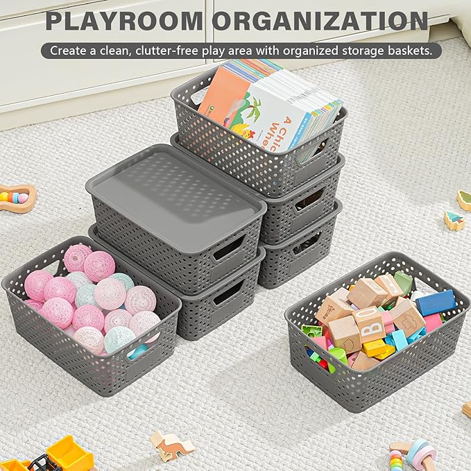 10 Pack Plastic Storage Bins with Lids, Stackable Plastic Storage Baskets for Organizing with Handles, Organizer Bins with Labels for Room, Craft, Containers for Pantry Organizers and Storage, Grey