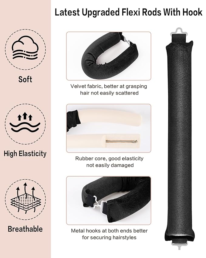 Seritant Heatless Curls Overnight with Satin Head Scarf, Velvet Hair Rollers for Blowout Look, No Heat Curling Rod for Long Thick Hair, Soft Sleep In Flexi Rods