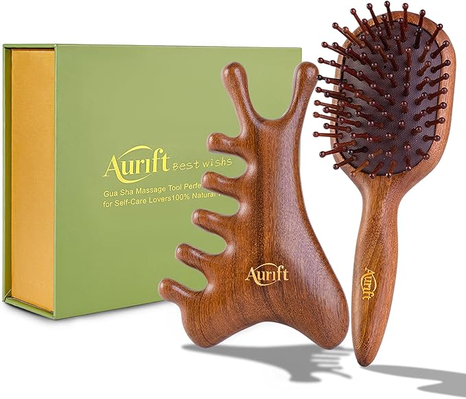 Mother’s Day Gift for Mom, 4-in-1 Wooden Gua Sha Facial Tools & Hair Detangler Brush Set – Manual Guasha tool for Face & Jawline Lifting, Scalp & Head Massager, ,Self Care Relaxation Gifts for Women