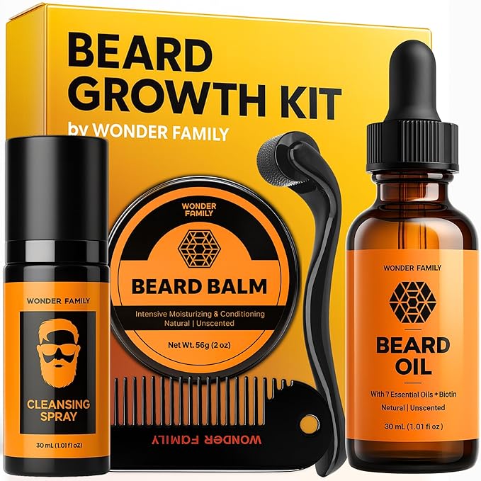 Beard Growth Kit for Men – with Beard Oil, Derma Roller for Hair Growth, Biotin Balm & Comb – Mustache Shaper & Straightener – Mens Care Grooming Kits, Beard Softener, Just for Men Gift Set