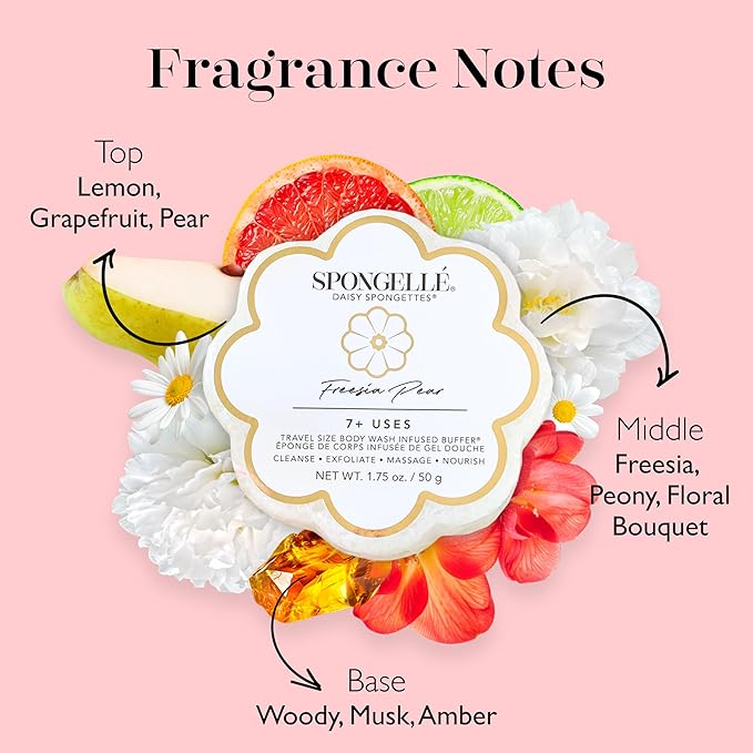 Spongellé Freesia Pear Daisy Spongette Bath Sponge | Built-in Body Wash & Body Scrubber, Shower Loofah Sponge for Women, Travel Essentials | 7+ uses