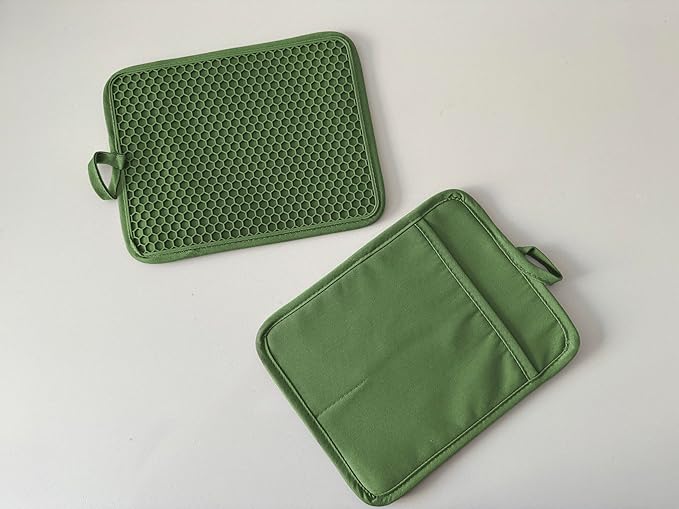 VEIKERY Oven Pot Holder with Pocket Cotton Heat Resistant Coaster Potholder Kitchen Hot Pad Oven Mitts for Cooking and Baking Square 7"x9" (Green, Silicone)