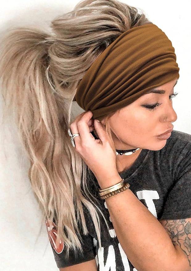 Huachi Wide Headbands for Women Black Stylish Head Wraps Boho Thick Hairbands Large African Sport Yoga Turban Headband Hair Accessories (Pack of 4)