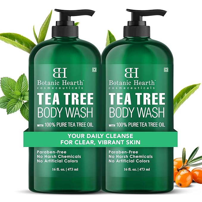 Botanic Hearth Tea Tree Body Wash, 16 Fl Oz (473 ml) Pack of 2 | With Tea Tree Oil, Peppermint & Sea Buckthorn | Gently Cleanses, Refreshes & Nourishes Skin | Sulfate & Paraben Free | For Men & Women