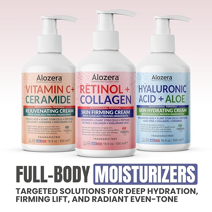 Alozera Skin Firming Retinol Collagen Face & Body Lotion with Stem Cells for Aging Skin and Wrinkles, Non-Greasy, Lightweight Moisturizer, Fragrance-Free, 16.9 oz