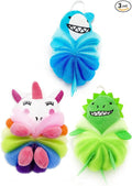 MURRI&MURRDI 3 Pack Kids Cartoon Bath Sponges - Cute Animal Shower Poufs for Toddlers, Gentle Exfoliating Body Scrubber & Mesh Loofah Gift Set for Boys Girls