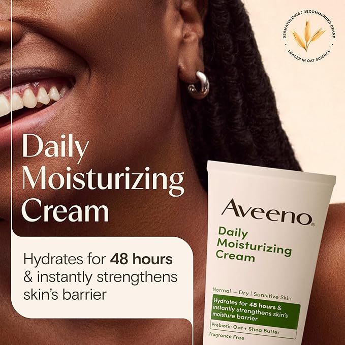 Aveeno Daily Moisturizing Cream Face, Hand, Body Moisturizer with Prebiotic Oat & Shea Butter, for Normal to Dry or Sensitive Skin, Hydrates for 48 Hours, Fragrance-Free & Non-Comedogenic, 7.5 Fl Oz