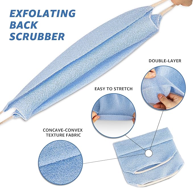 Culture Gifts Extended Exfoliating Back Scrubber with Handles, Nylon Cleaning Exfoliator Washcloth for Body, Stretchable Pull Strap Soft Quick-Drying Rough Scrub Towel, Blue