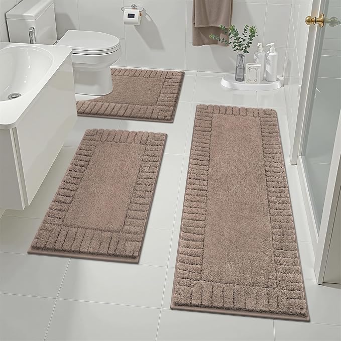 Pauwer Bathroom Rugs Sets 3 Piece, Microfiber Bath Mat Set, Coffee