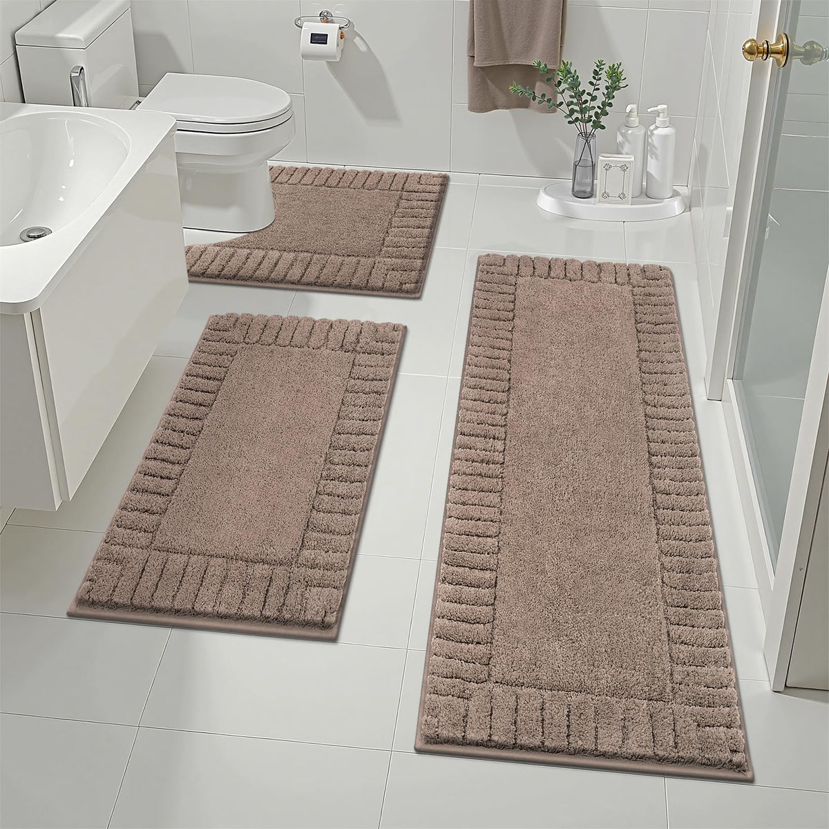 Pauwer Bathroom Rugs Sets 3 Piece, Microfiber Bath Mat Set, Black