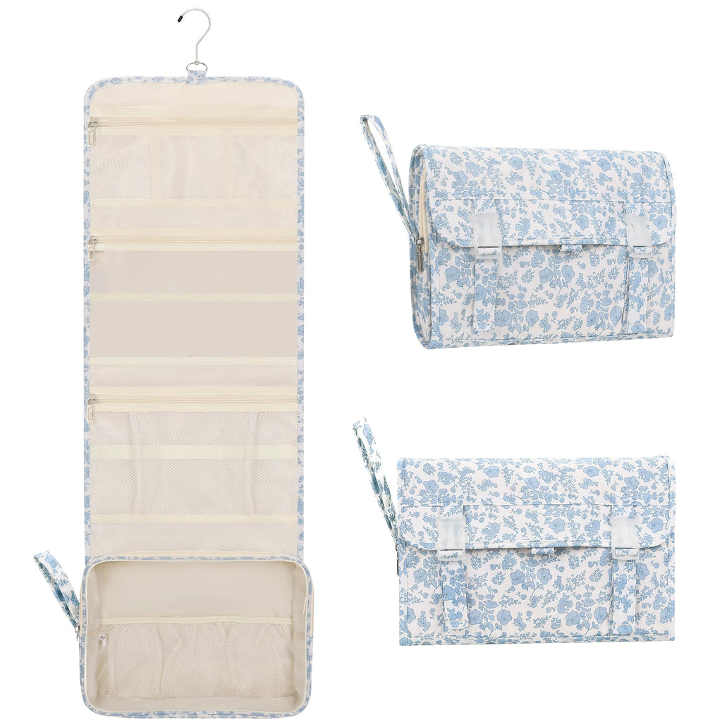 Relavel Travel Toiletry Bag with Hanging Hook, Floral Hanging Toiletries Bag for Women, Large Capacity Makeup Cosmetic Storage Organizer for Full Sized Container, Accessories - Blue Flower