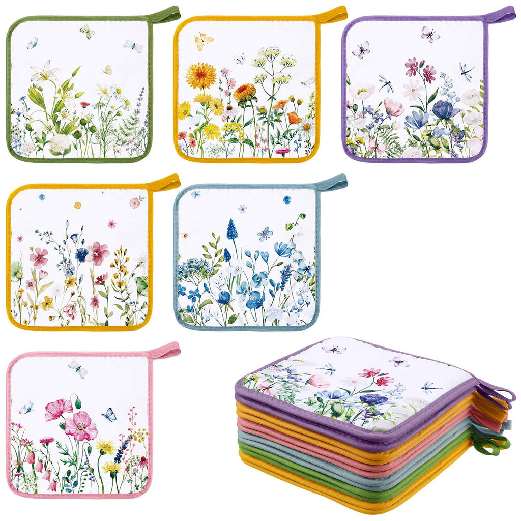 Bencailor 12 Pcs Pot Holders with Pocket Kitchen Hot Potholders Hot Pad Oven Mitts Cookie Bag Oven Gloves for Kitchen Gift Baking Cooking(Watercolor,Floral)