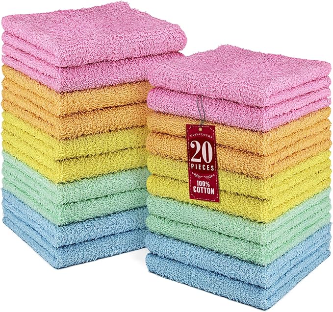 DecorRack 100% Cotton Washcloths 12x12 in, Assorted Colors (20 Pack)