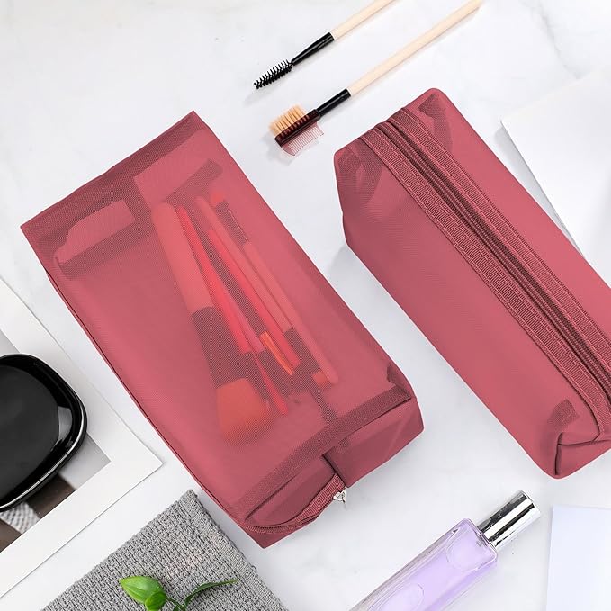 Boao 6 Pieces Mesh Makeup Bags Mesh Cosmetic Bag Portable Travel Organizing Zipper Pouch Toiletries Makeup Pouches for Home Office Travel Accessories(Wine Red)