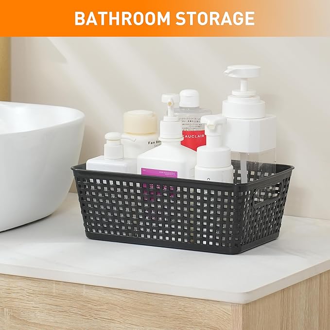 Anywish Plastic Storage Baskets With Lid, Storage Bins for Organizing, Stackable Decorative Containers for Shelves Drawers Desktop Closet Playroom Classroom Office,10 Pack-Black