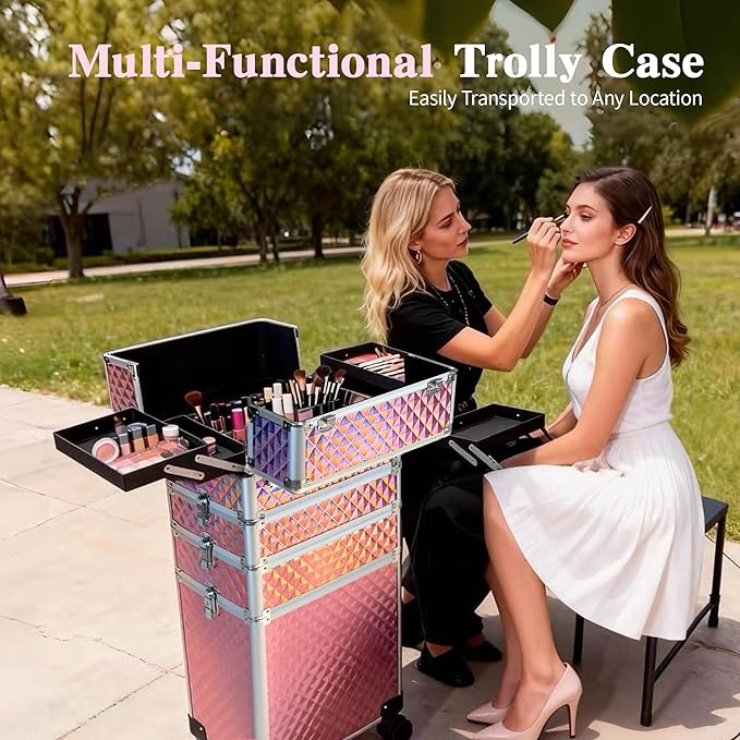 5 in 1 Rolling Makeup Train Case on Wheels Large Cosmetic Organizer Travel Cart for Women Beauty Salon Barber Hairstylist Pink