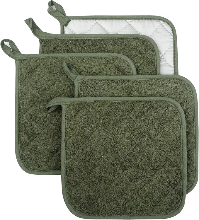 Lifaith Pot Holders for Kitchen, 100% Cotton Terry Pot Holder Set of 5, Heat Resistant Hot Pads for Cooking, Baking, Hot Dishes and Countertop Protection, Olive Green