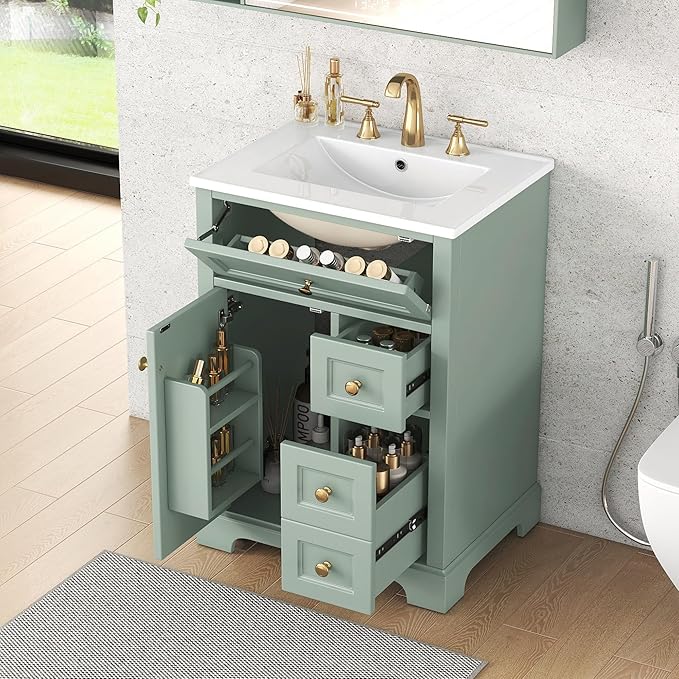 Harper & Bright Designs 24" Bathroom Vanity with Sink, Free Standing Bathroom Vanity Set with Flip Drawer, 2 Drawers, and Storage Rack, Wood Storage Cabinet with Ceramic Basin for Bathroom, Green