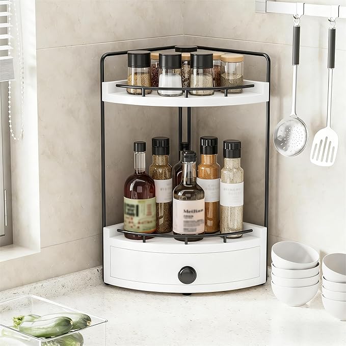 Aollewoiti 2-Tier Corner Bathroom Counter Organizer with Drawer, White