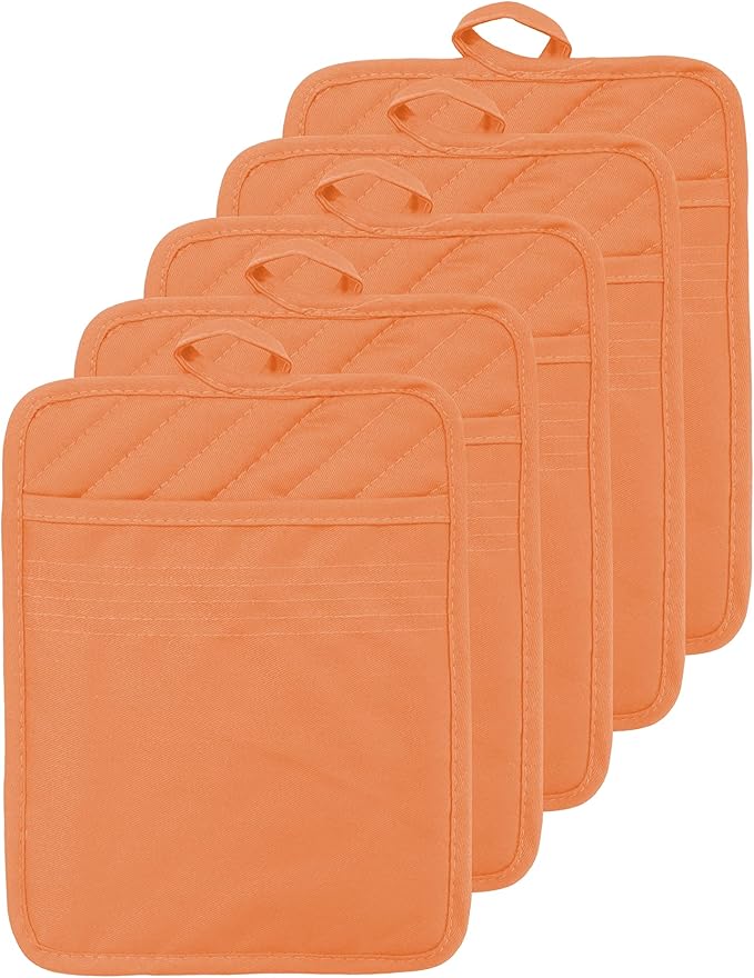VEIKERY Oven Pot Holder with Pocket Cotton Heat Resistant Coaster Potholder Kitchen Hot Pad Oven Mitts for Cooking Square 7"x9"Set of 5 (Orange)