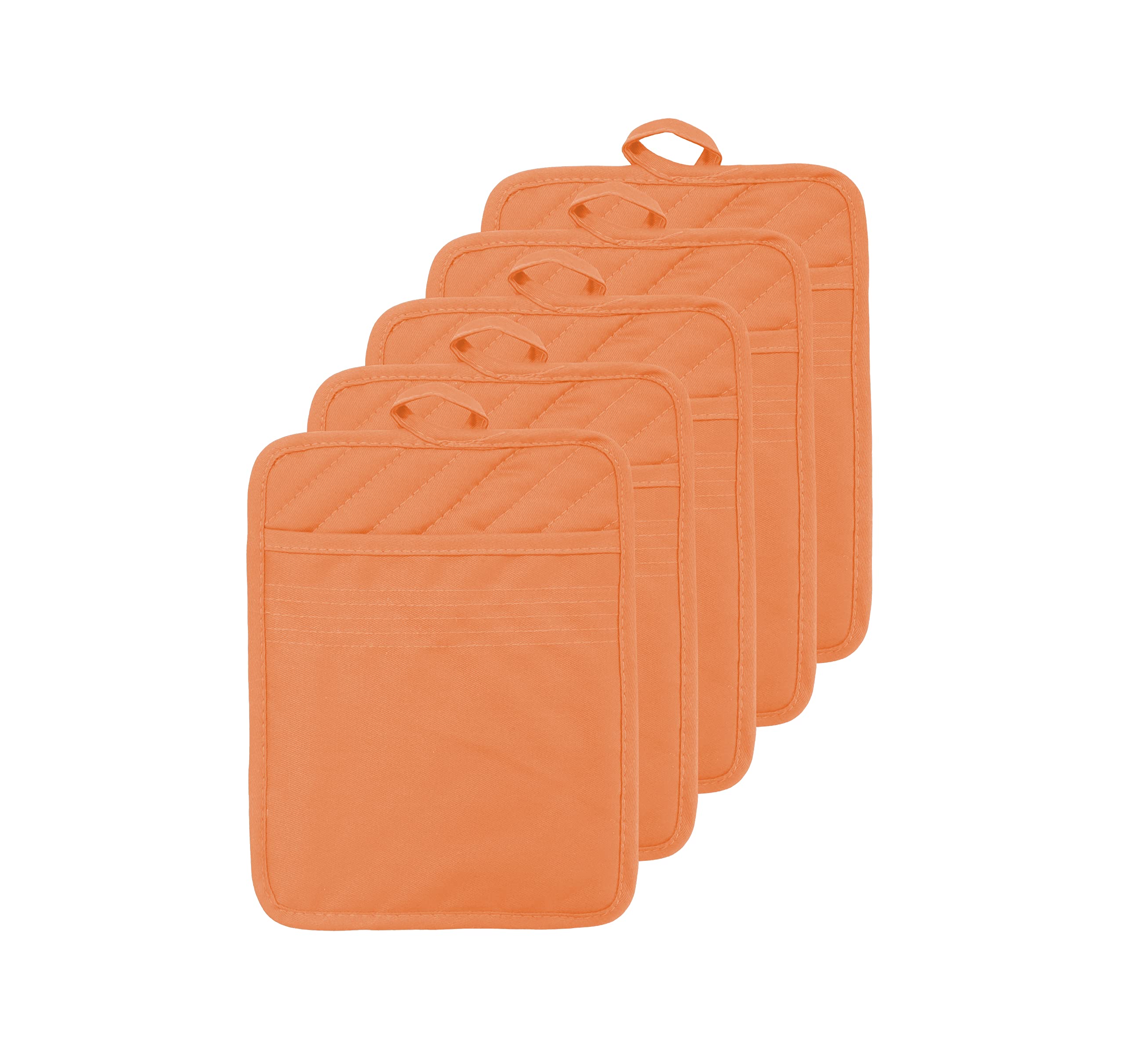 VEIKERY Oven Pot Holder with Pocket Cotton Heat Resistant Coaster Potholder Kitchen Hot Pad Oven Mitts for Cooking Square 7"x9"Set of 5 (Orange)