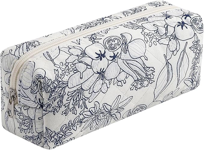WHHJM Cute Floral Makeup Brush Bag Small Cotton Quilted Cosmetic Bag for Women Travel Toiletry Zipper Make Up Pouch (Navy Floral)