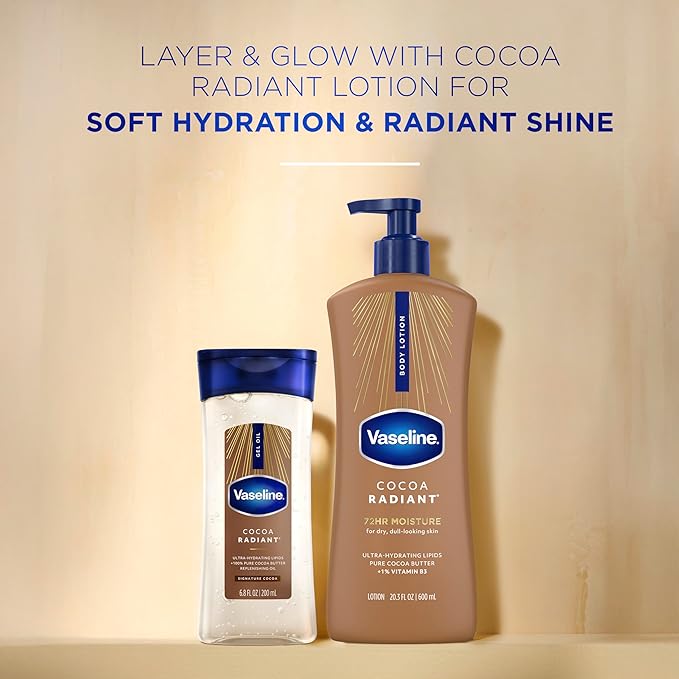 Vaseline Intensive Care Cocoa Radiant Pack of 3 for Glowing Skin Body Gel Oil Made with Pure Cocoa Butter + Replenishing Oils 6.8 oz