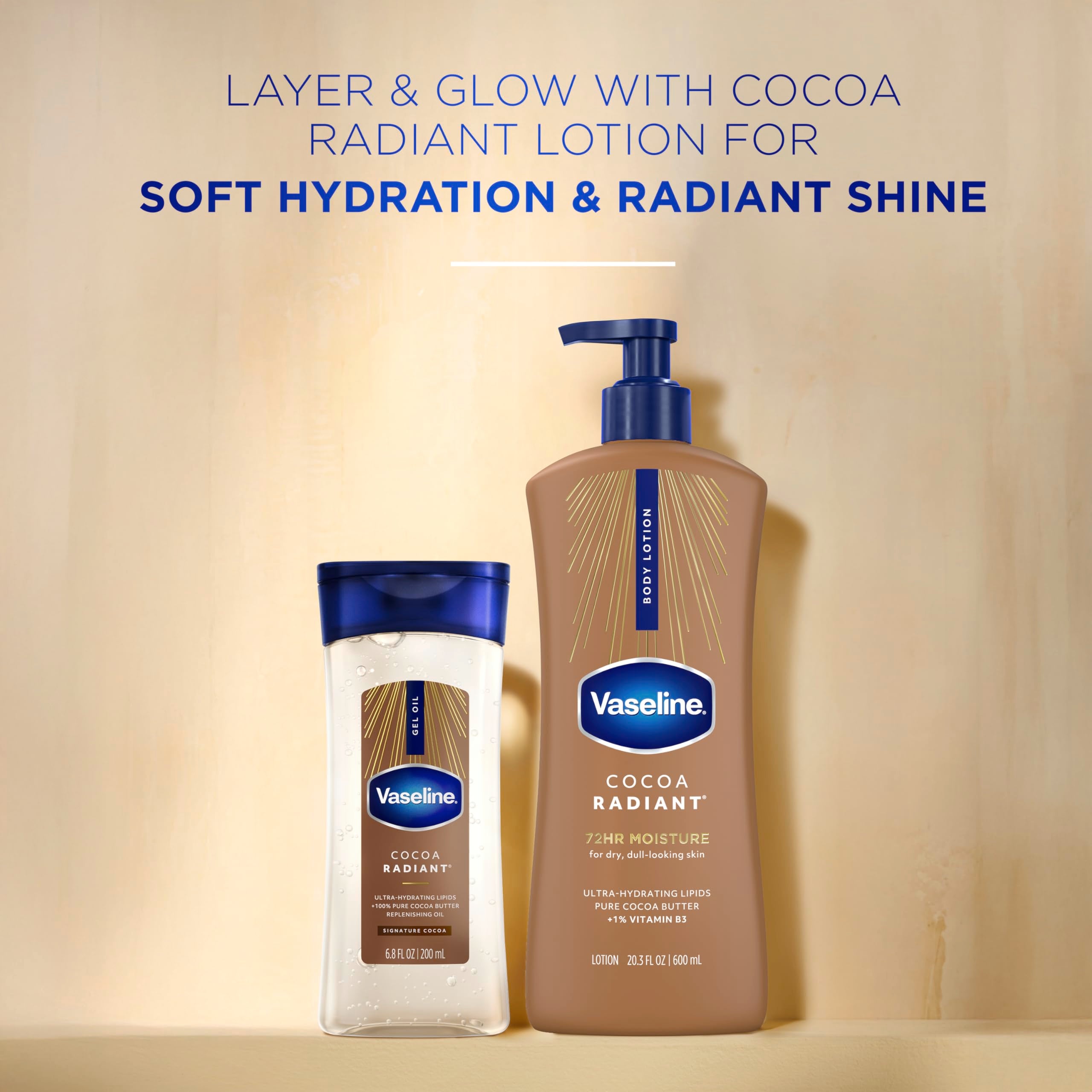 Vaseline Intensive Care Cocoa Radiant Pack of 3 for Glowing Skin Body Gel Oil Made with Pure Cocoa Butter + Replenishing Oils 6.8 fl oz