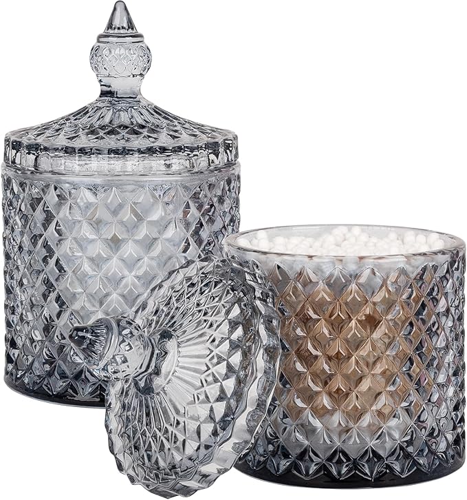 2 Pack Qtip Holder Apothecary Jars with Lid, Thick Glass, Gray