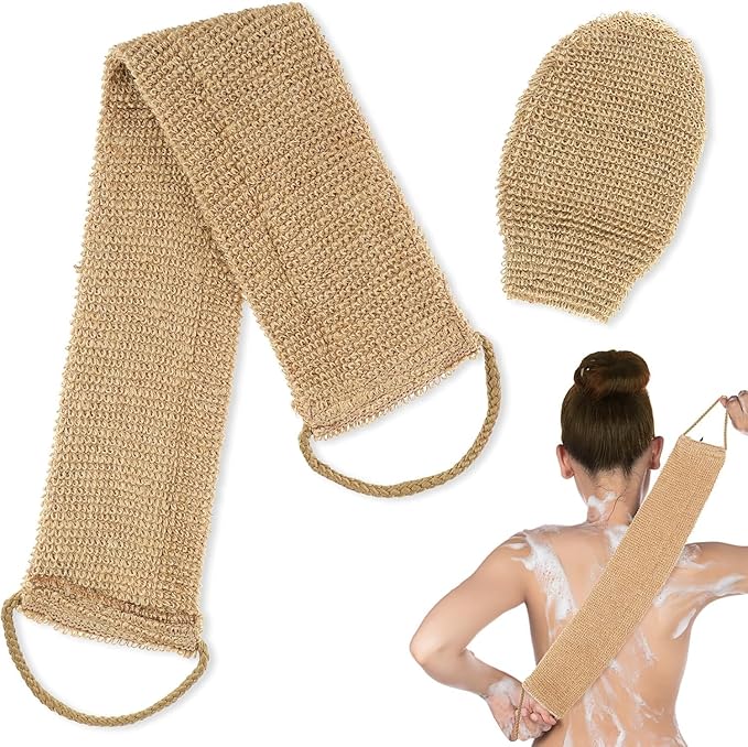 Exfoliating Body Scrubber,2pcs Jute Back Scrubber,Exfoliator Loofah Back Scrubber,Bath Wash Deep Cleaning Glove and Strap,Body Exfoliator Bathing Accessories for Face Back (As