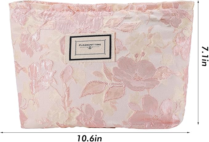 URSKYTOUS Flower Makeup Bag Travel Large Floral Cosmetic Bags for Women Cute Makeup Pouch Zipper Cosmetic Pouch for Purse Embossed Pink Aesthetic Make up Organizer Bag Portable Toiletry Bag